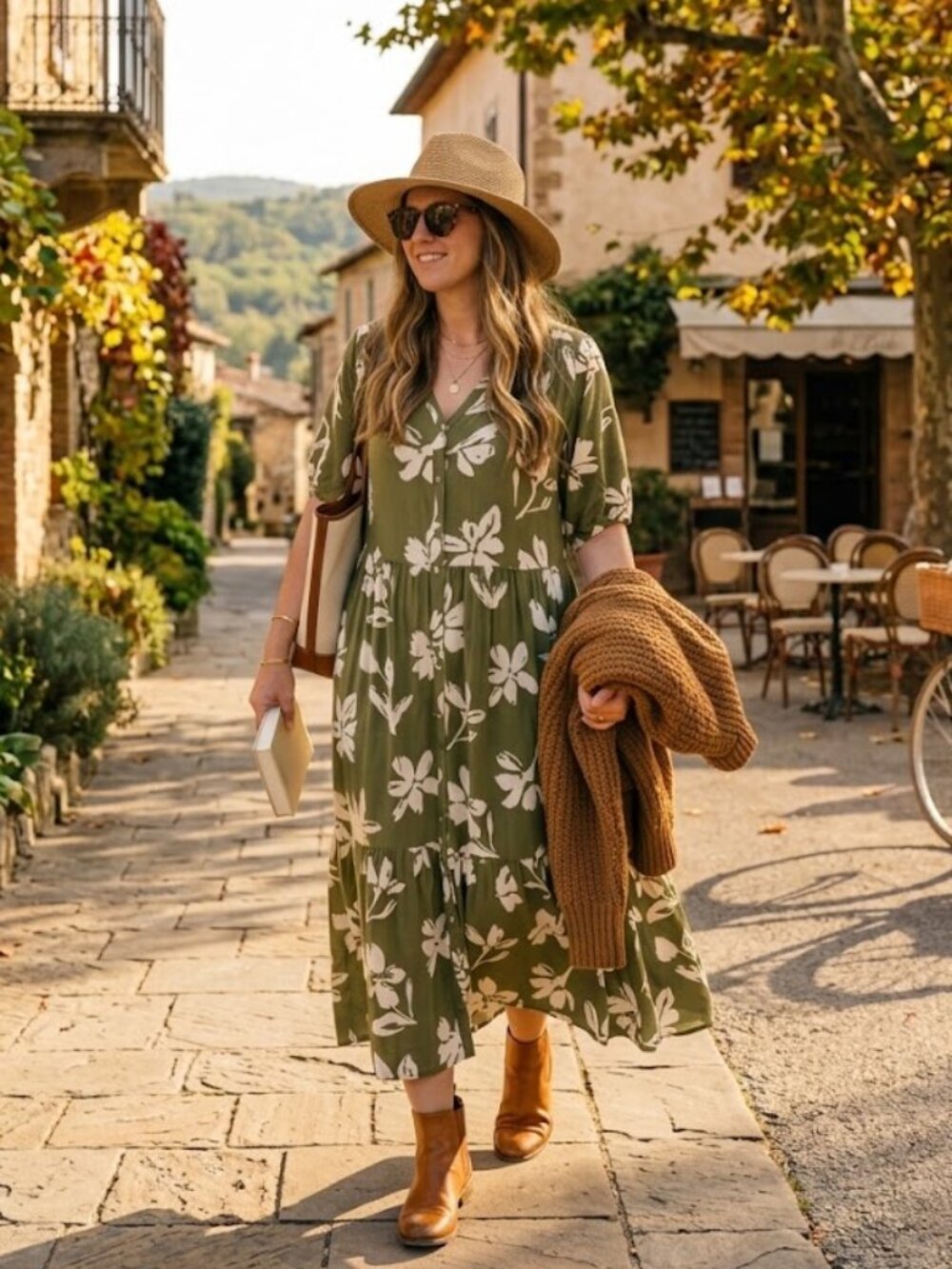 Sonoma Olive Green Linen Blend Floral Button-Front Tiered Midi Dress Plus Size 2
